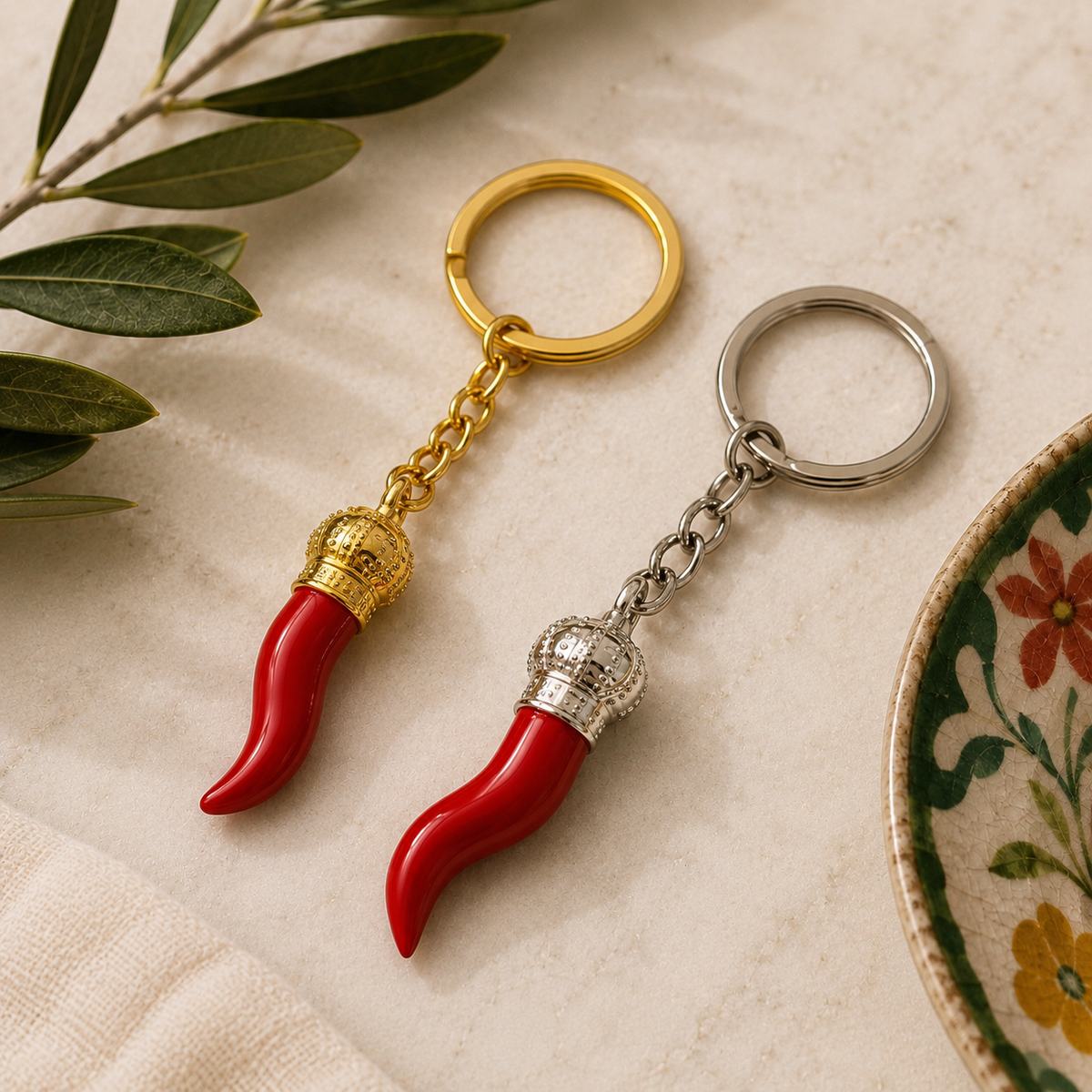 Italian Cornicello Keyring – Gold & Silver
